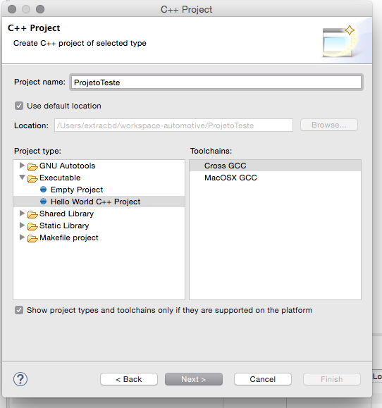 Escolha agora o template que deseja usar, para este este teste, sugiro ir direto ao template 'Hello World C++ Project'